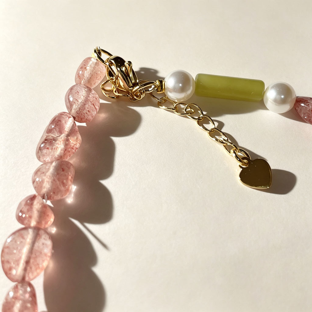 Handmade Strawberry Quartz & Green Jade Tube Pearl Necklace | Gold Lobster Clasp Heart Charm