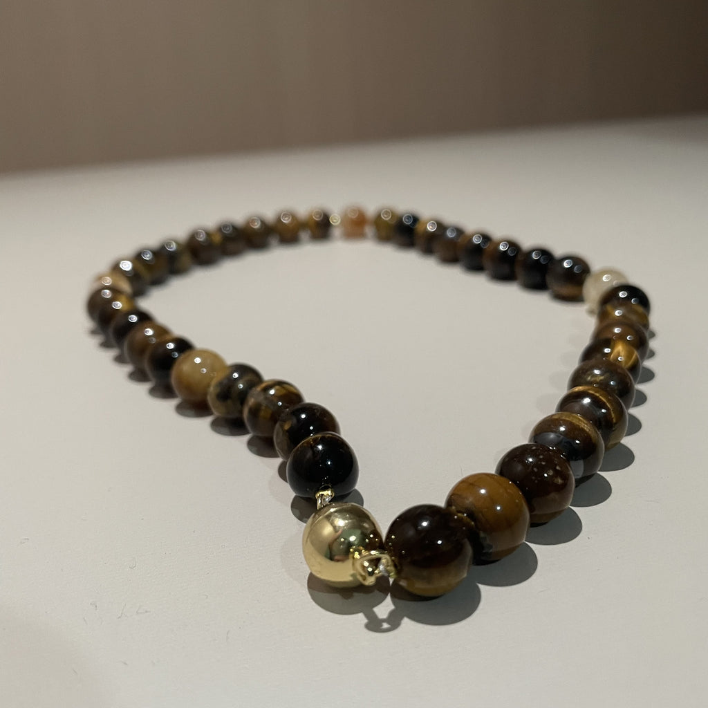 Handmade Tiger Eye Stone & Freshwater Pearl Beaded Necklace | Gold Brown Natural Stone Silver Spacer