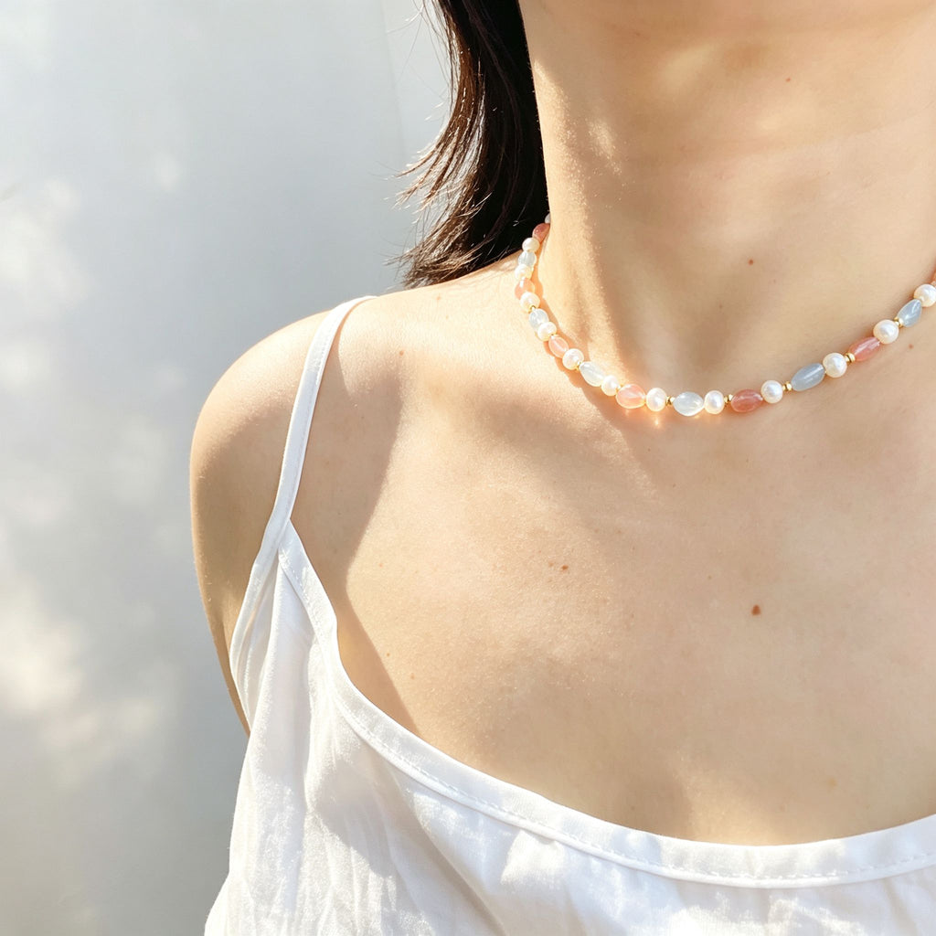 Handmade Morganite Pearl & Aquamarine Mixed Stone Choker Necklace | Pastel Pink Blue Gold