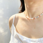 Handmade Morganite Pearl & Aquamarine Mixed Stone Choker Necklace | Pastel Pink Blue Gold