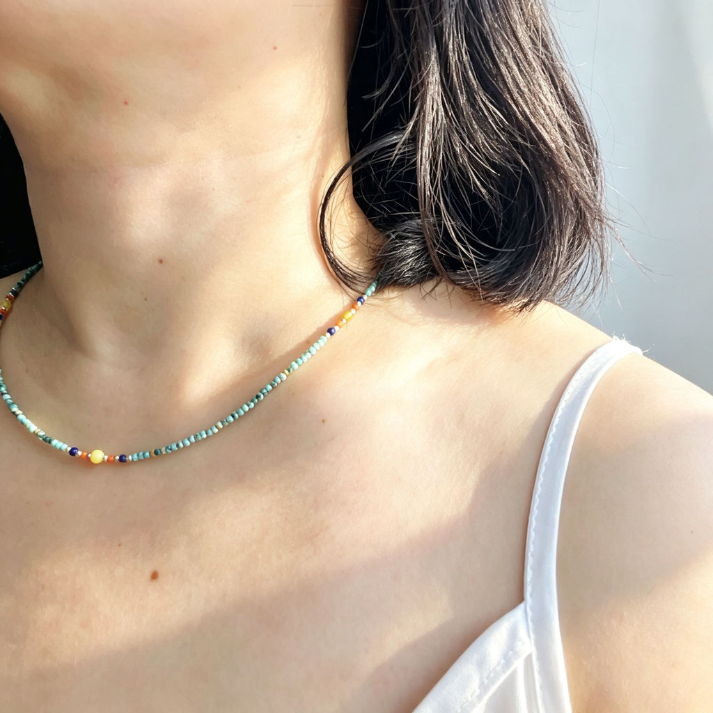 Handmade Mint Green Seed Bead Choker Necklace | Orange Agate Navy Blue Gold Accent