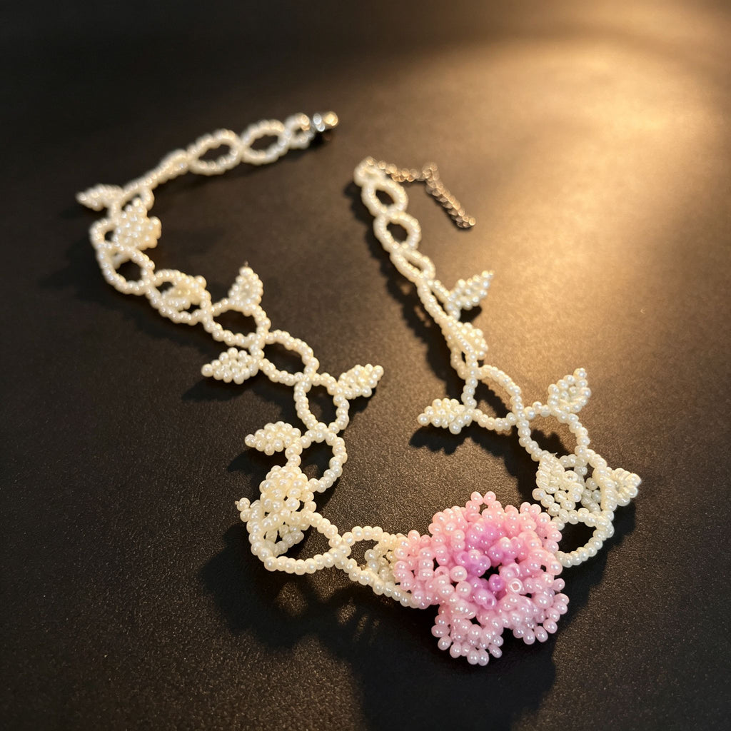 Handmade White Vine & Leaf Beaded Choker Necklace | 3D Pink Hydrangea Rose Center Fairycore Bridal Collar