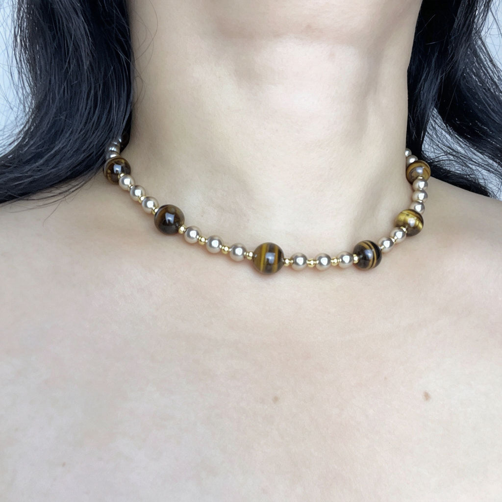 Handmade Tiger Eye & Metal Bead Choker Necklace | Natural Stone Silver Gold Spacer