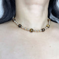 Handmade Tiger Eye & Metal Bead Choker Necklace | Natural Stone Silver Gold Spacer