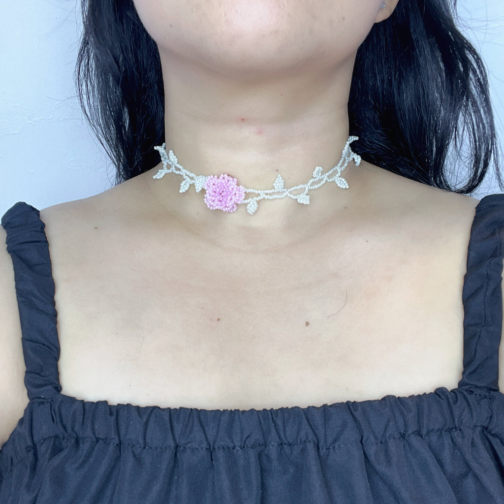 Handmade White Vine & Leaf Beaded Choker Necklace | 3D Pink Hydrangea Rose Center Fairycore Bridal Collar