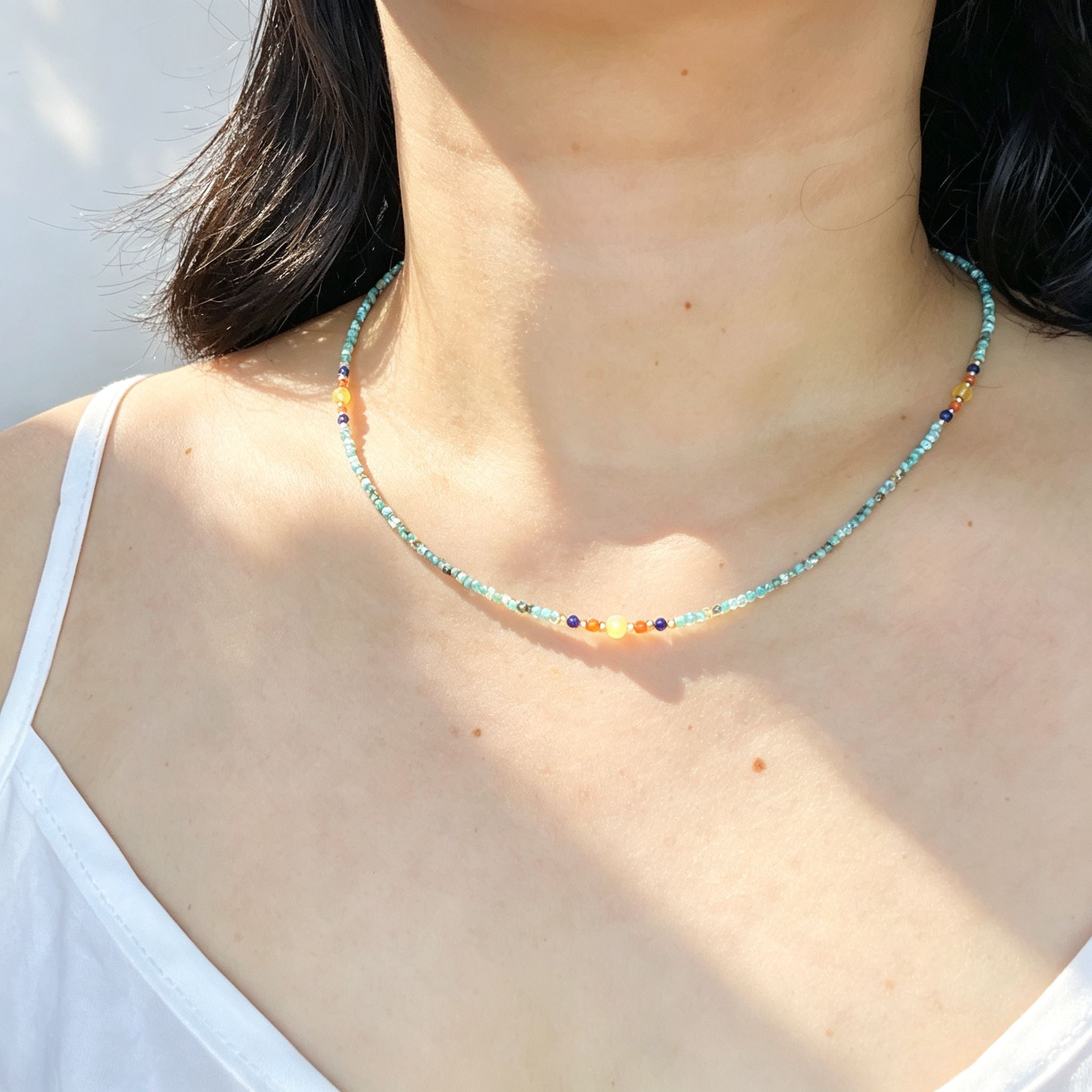 Handmade Mint Green Seed Bead Choker Necklace | Orange Agate Navy Blue Gold Accent