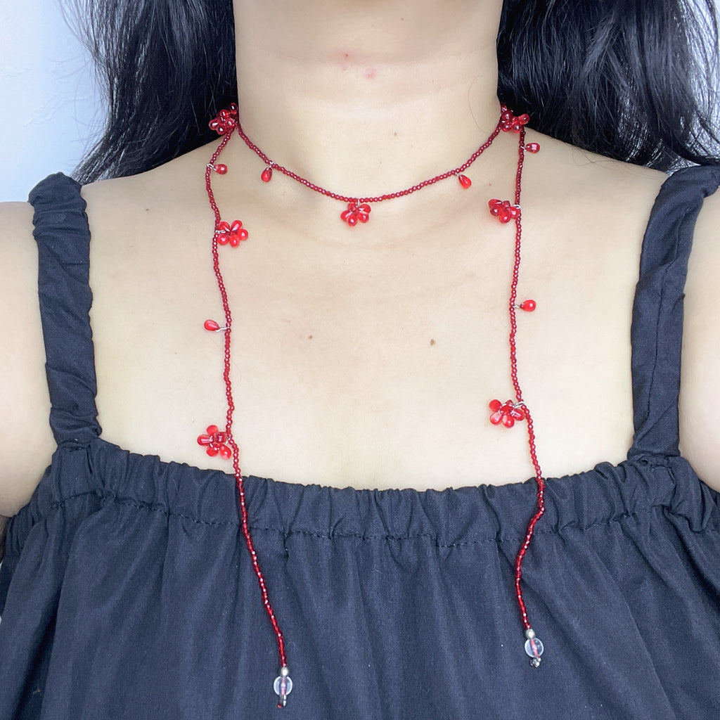 Handmade Deep Red Seed Bead Long Wrap Necklace | Scattered Flower Bead Crystal Drop Lariat Boho Statement