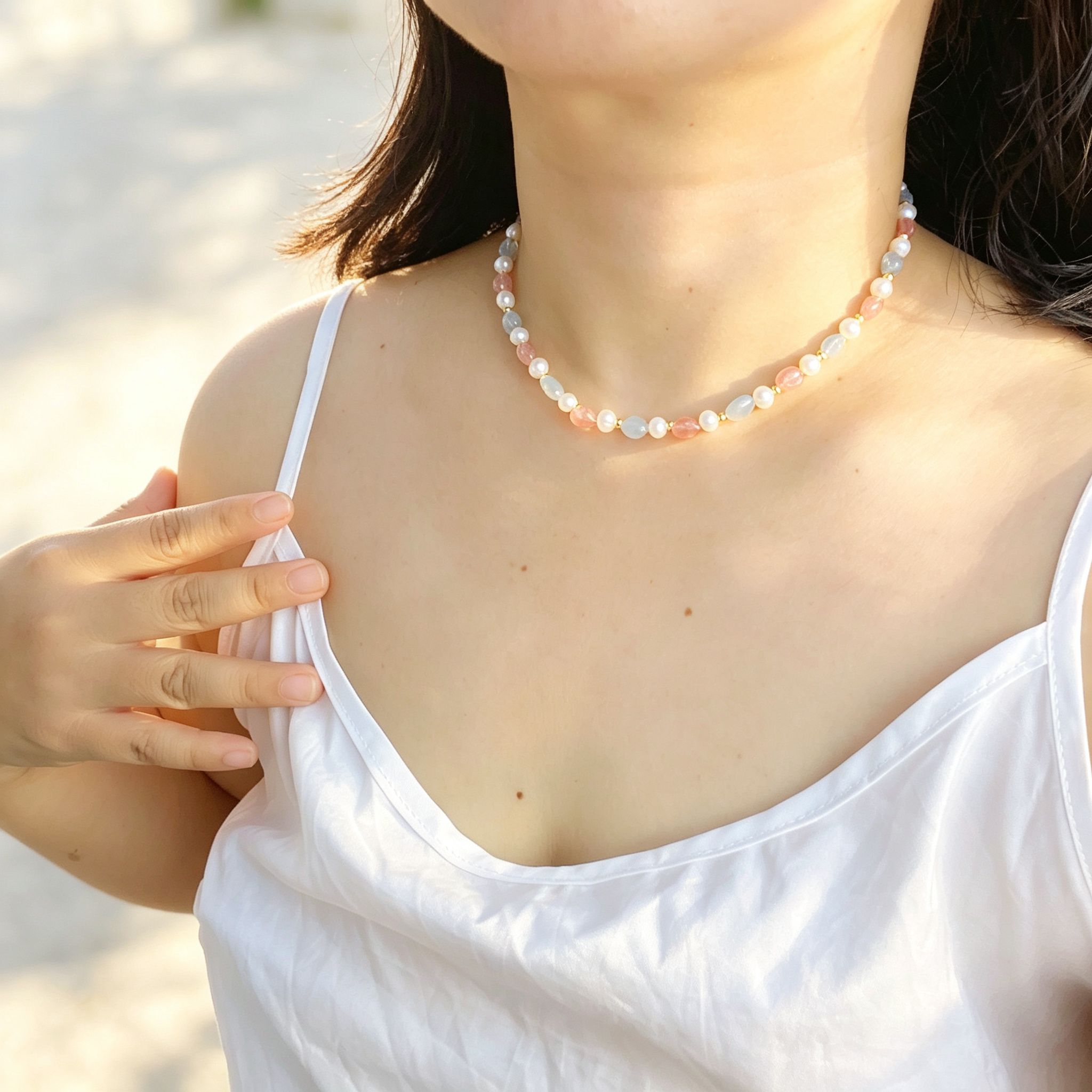 Handmade Morganite Pearl & Aquamarine Mixed Stone Choker Necklace | Pastel Pink Blue Gold