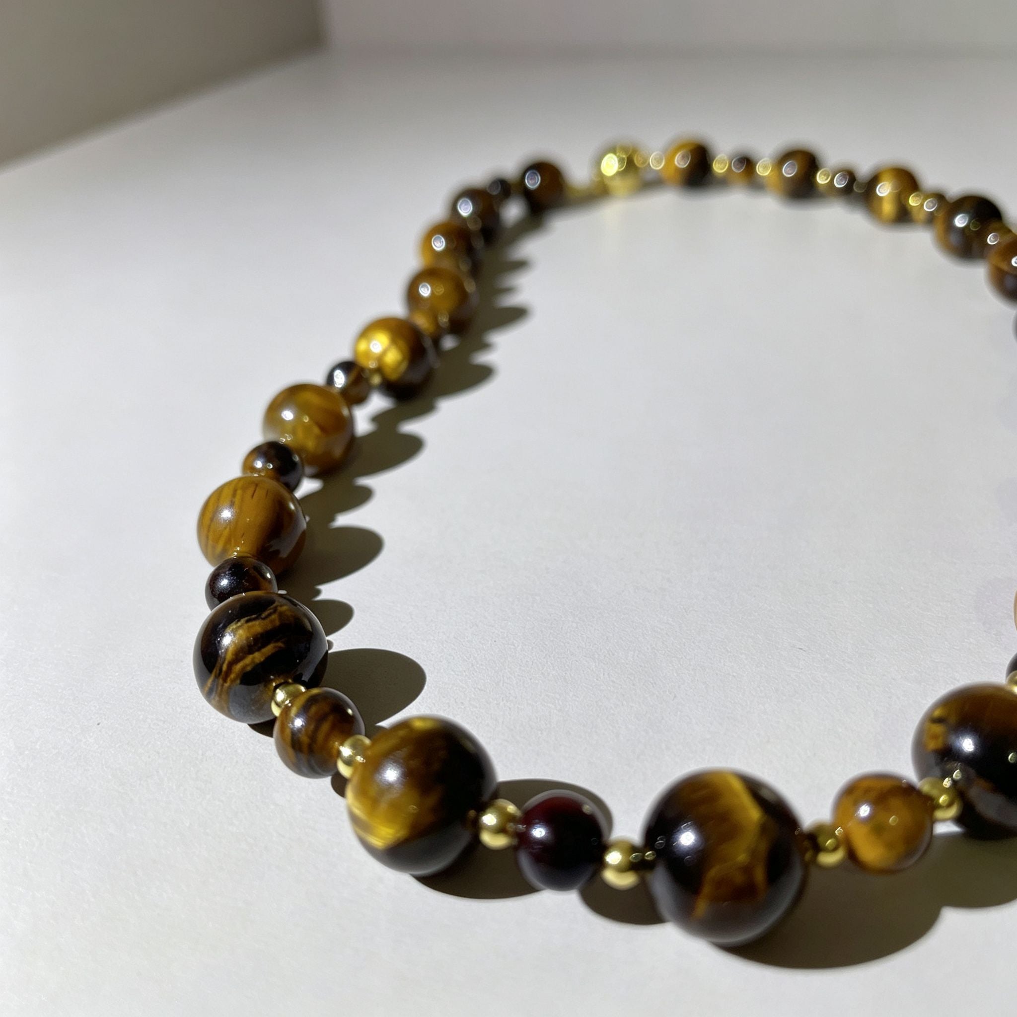 Handmade Graduated Tiger Eye Bead Choker Necklace | Natural Stone Gold Spacer