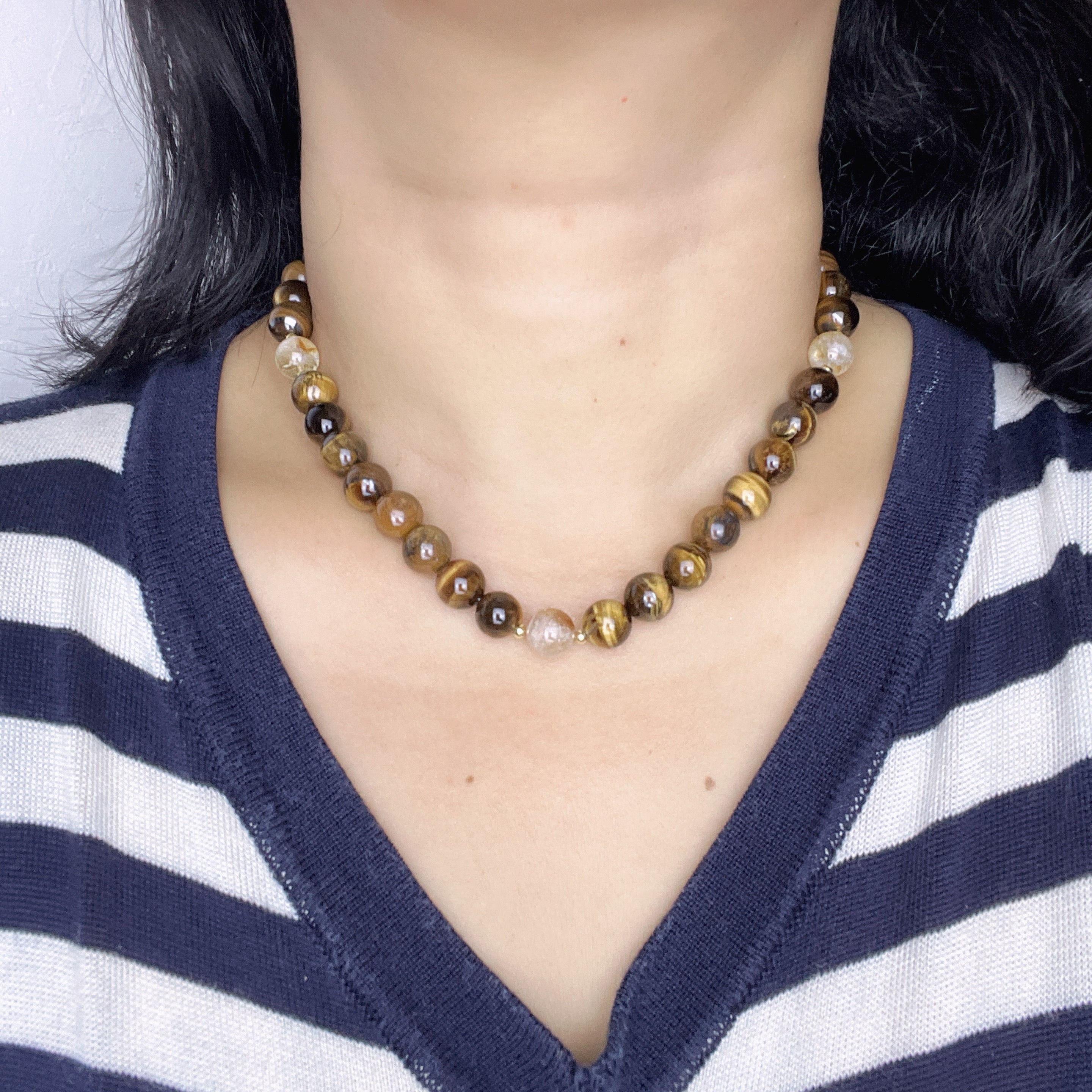 Handmade Tiger Eye Stone & Freshwater Pearl Beaded Necklace | Gold Brown Natural Stone Silver Spacer