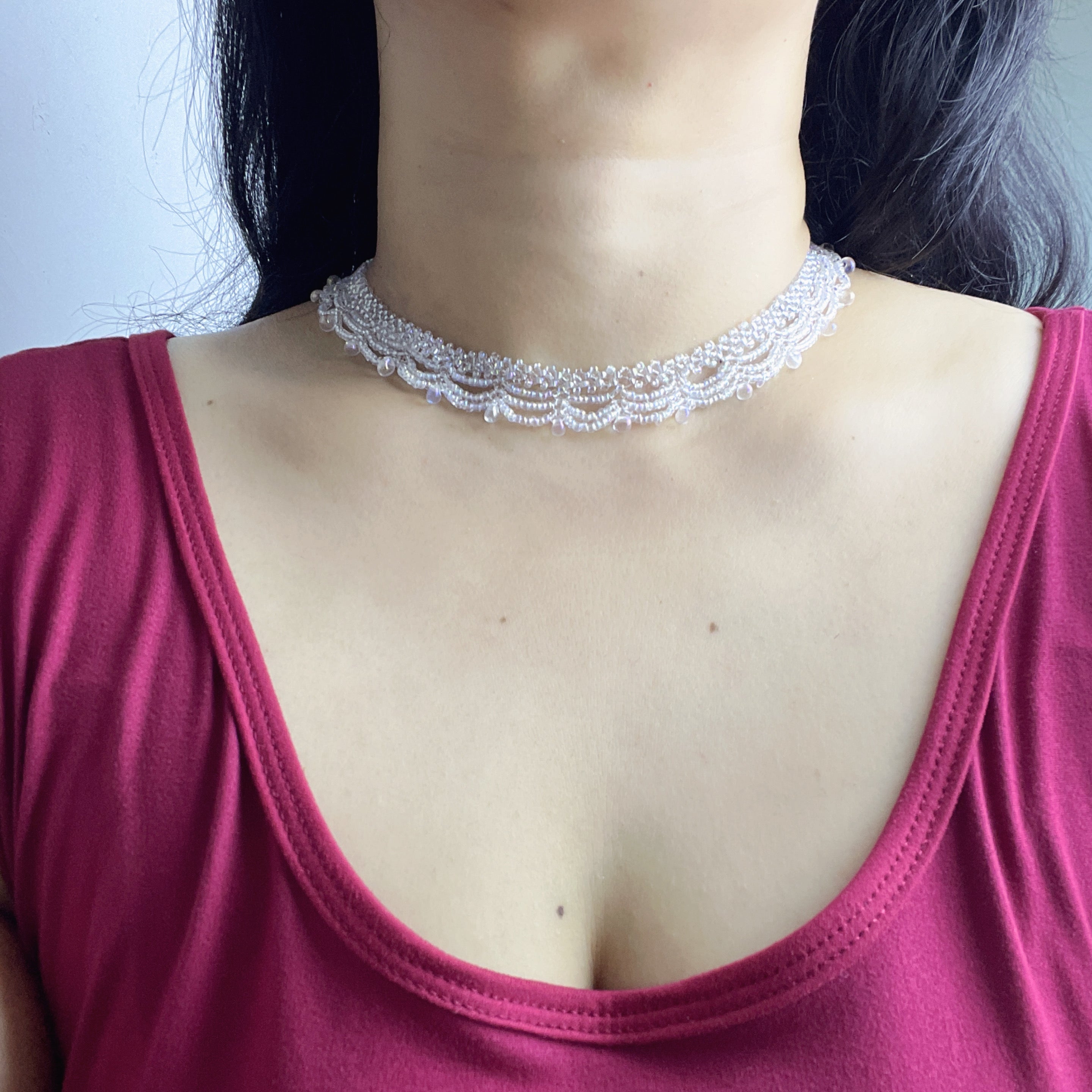 Handmade All White Multi-Layer Scallop Wave Lace Beaded Choker Necklace | Bridal Wedding Fairycore Collar