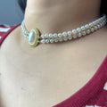 Handmade Double Layer Pearl Choker Necklace | Gold Oval Rhinestone Clasp