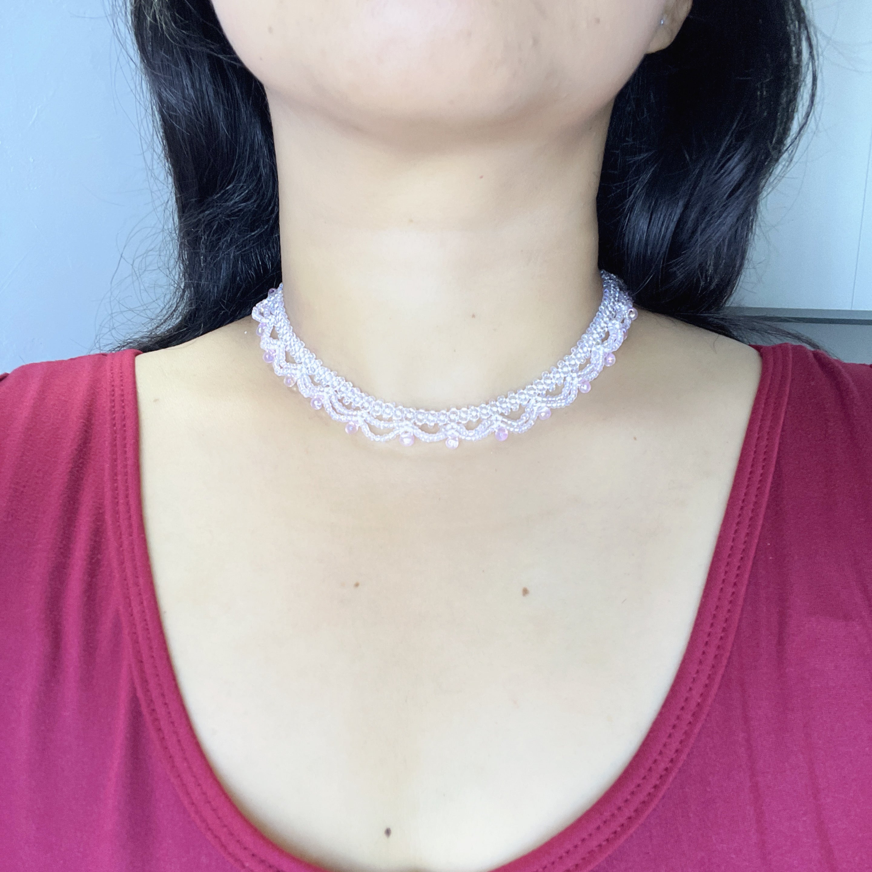 Handmade White & Blush Pink Lace Scallop Beaded Choker Necklace | Bridal Seed Bead Collar