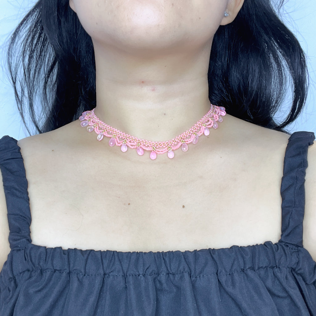 Handmade Pink & Gold Wave Lace Beaded Choker Necklace | Pink Crystal Teardrop Drop Fringe Y2K Princess Collar