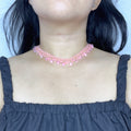 Handmade Pink & Gold Wave Lace Beaded Choker Necklace | Pink Crystal Teardrop Drop Fringe Y2K Princess Collar