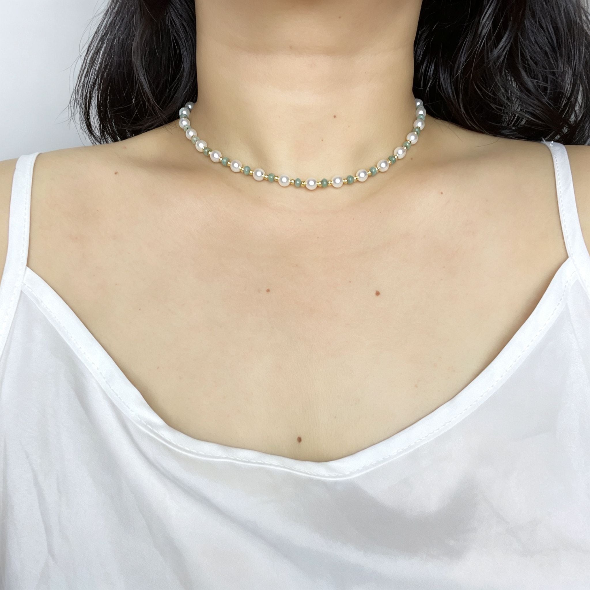 Handmade Pearl & Sage Green Seed Bead Choker Necklace | Gold Spacer Elegant Jewelry