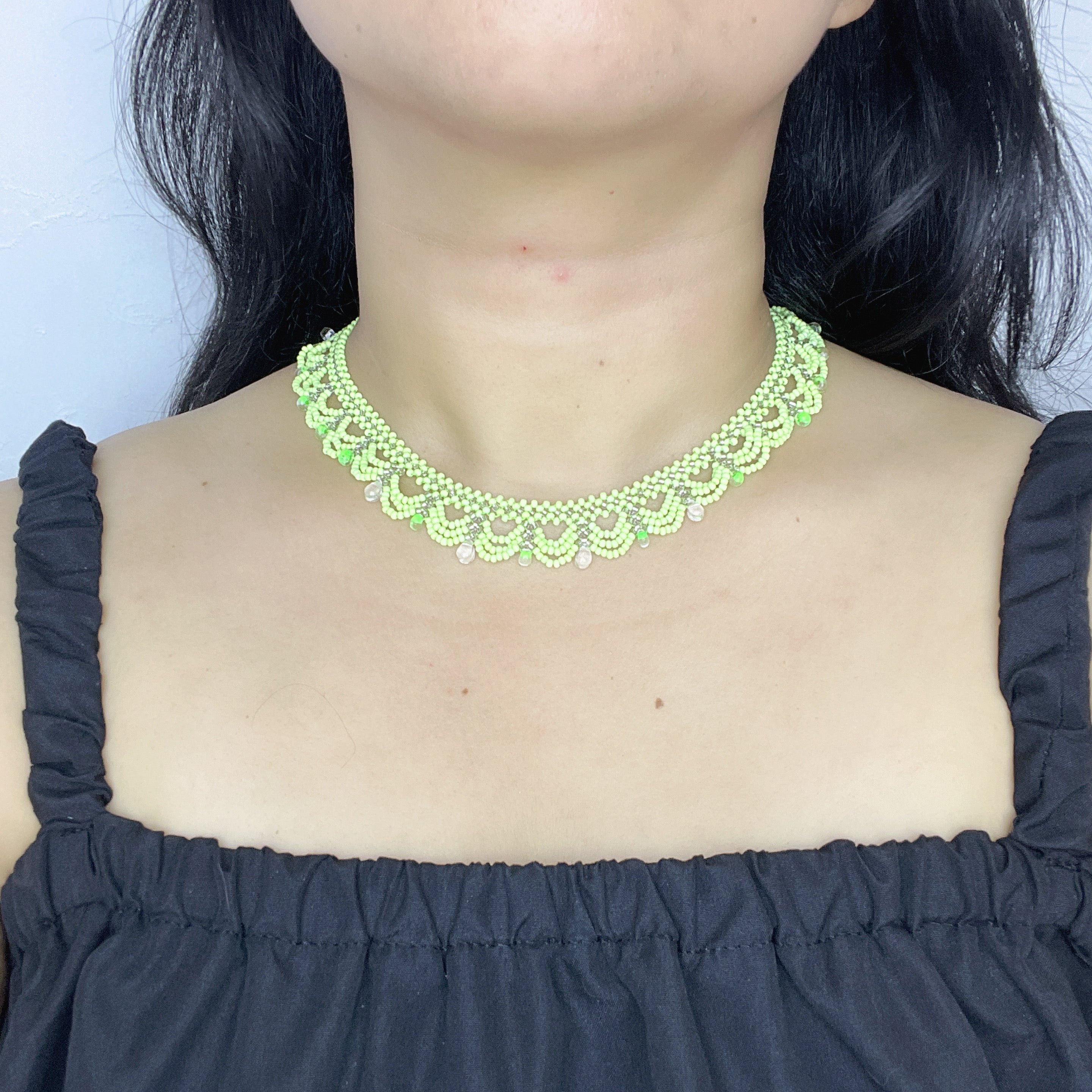 Handmade Apple Green & White Multi-Layer Scallop Wave Lace Beaded Choker Necklace | Bead Drop Fringe Spring Cottagecore Collar