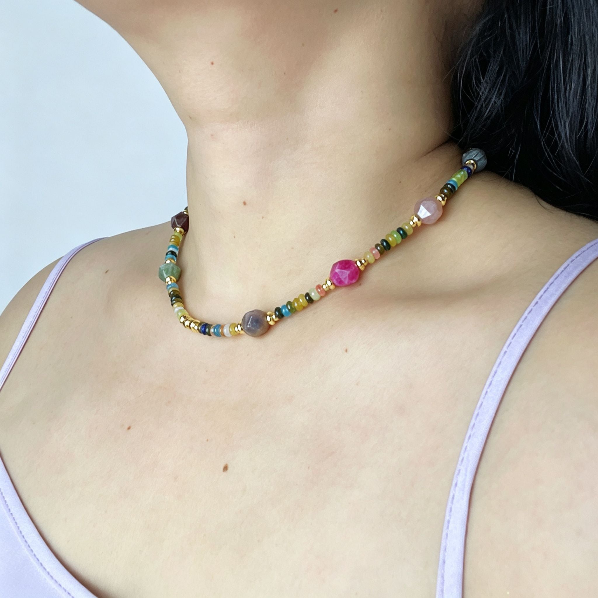 Handmade Multicolor Natural Stone Beaded Necklace | Agate Jasper Faceted Gem Gold Spacer Boho