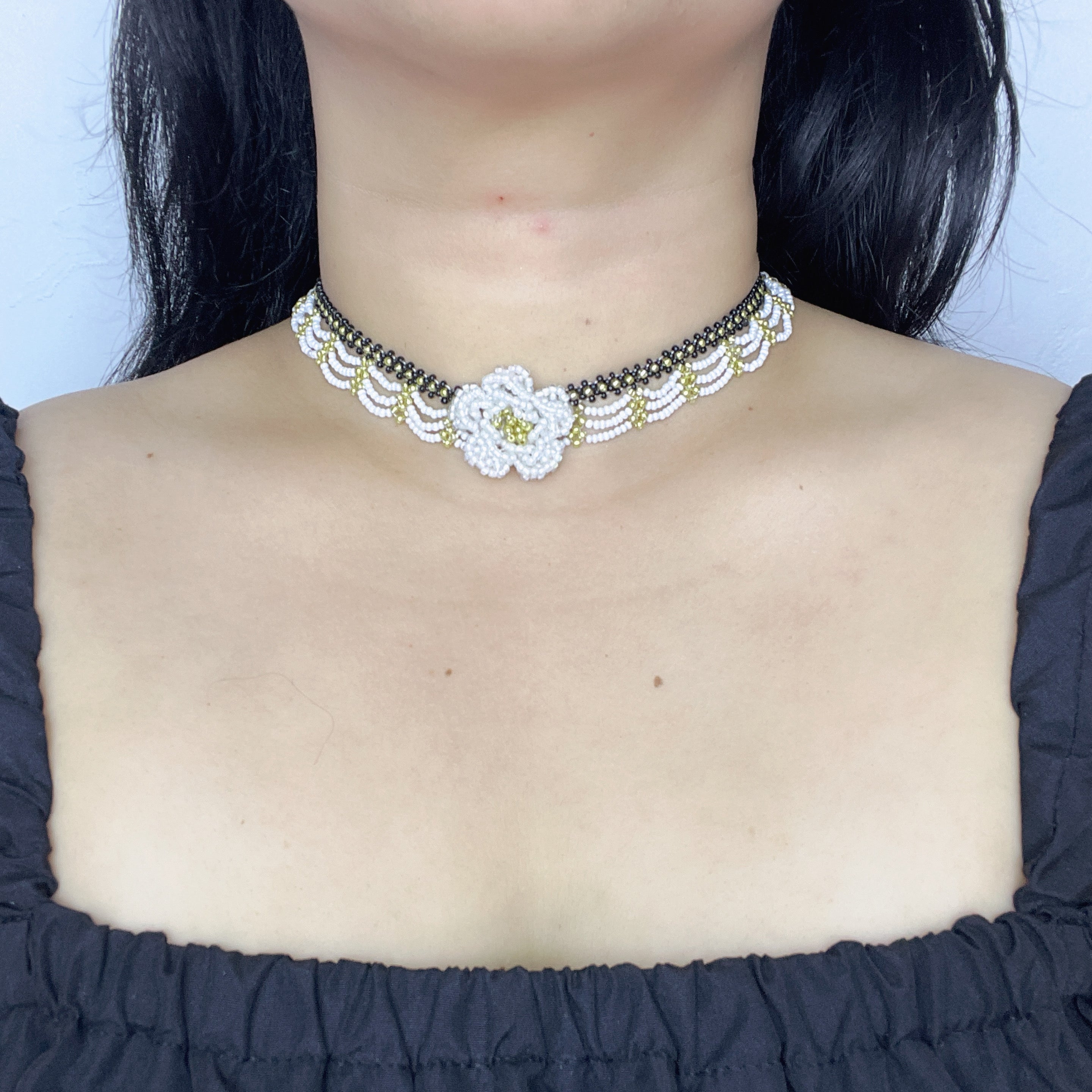 Handmade Black & White Wave Lace Beaded Choker Necklace | 3D White Rose Center Yellow-Green Stamen Cottagecore