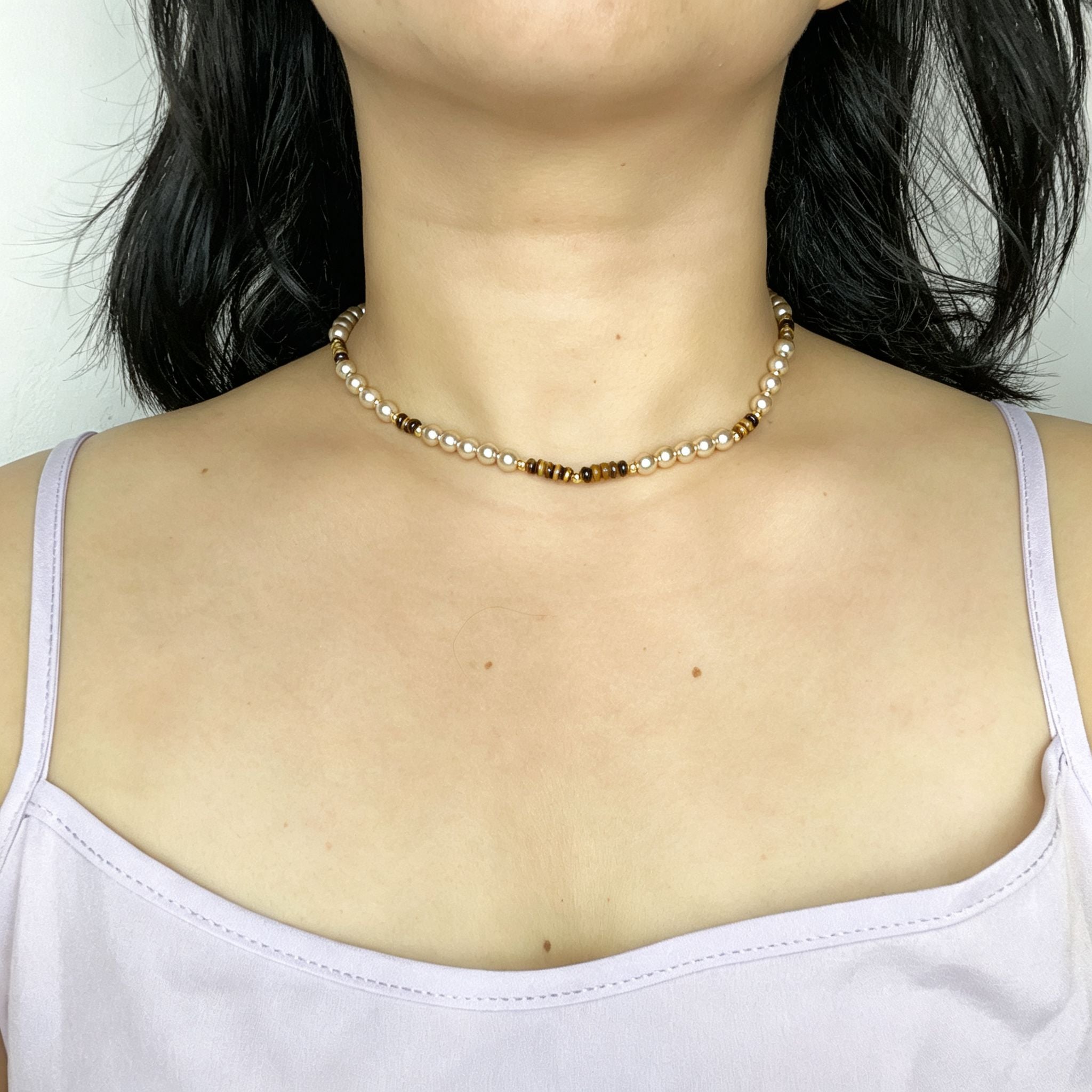 Handmade Pearl & Tiger Eye Disc Choker Necklace | Gold Spacer Elegant Natural Stone Jewelry