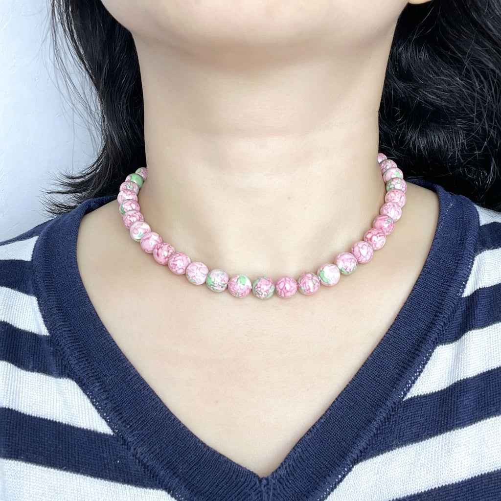 Handmade Pink Floral Ceramic Bead Choker Necklace | Cottagecore Enamel Jewelry