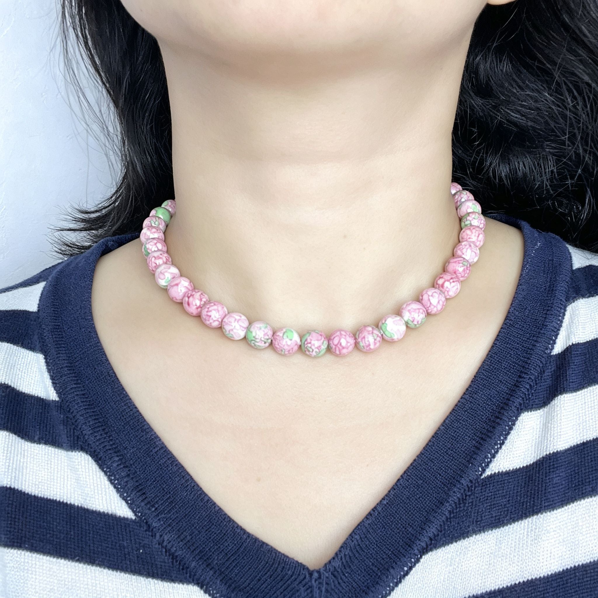 Handmade Pink Floral Ceramic Bead Choker Necklace | Cottagecore Enamel Jewelry