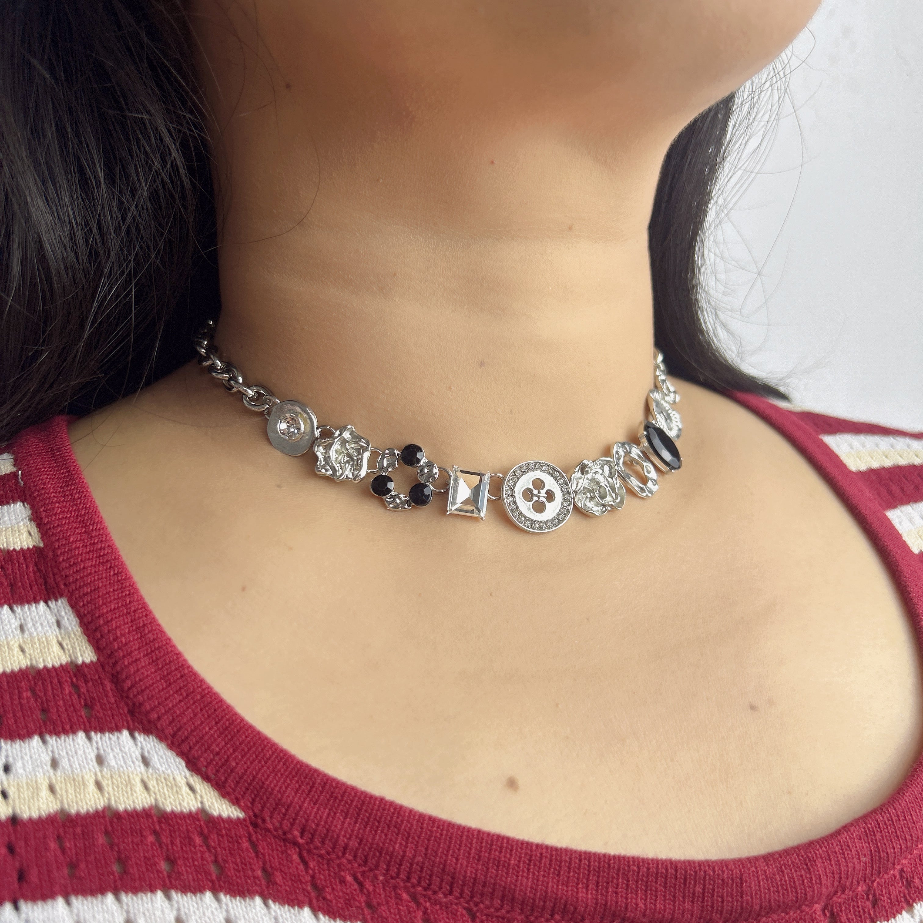 Handmade Silver Mixed Charm Choker Necklace | Y2K Punk Crystal Statement Collar