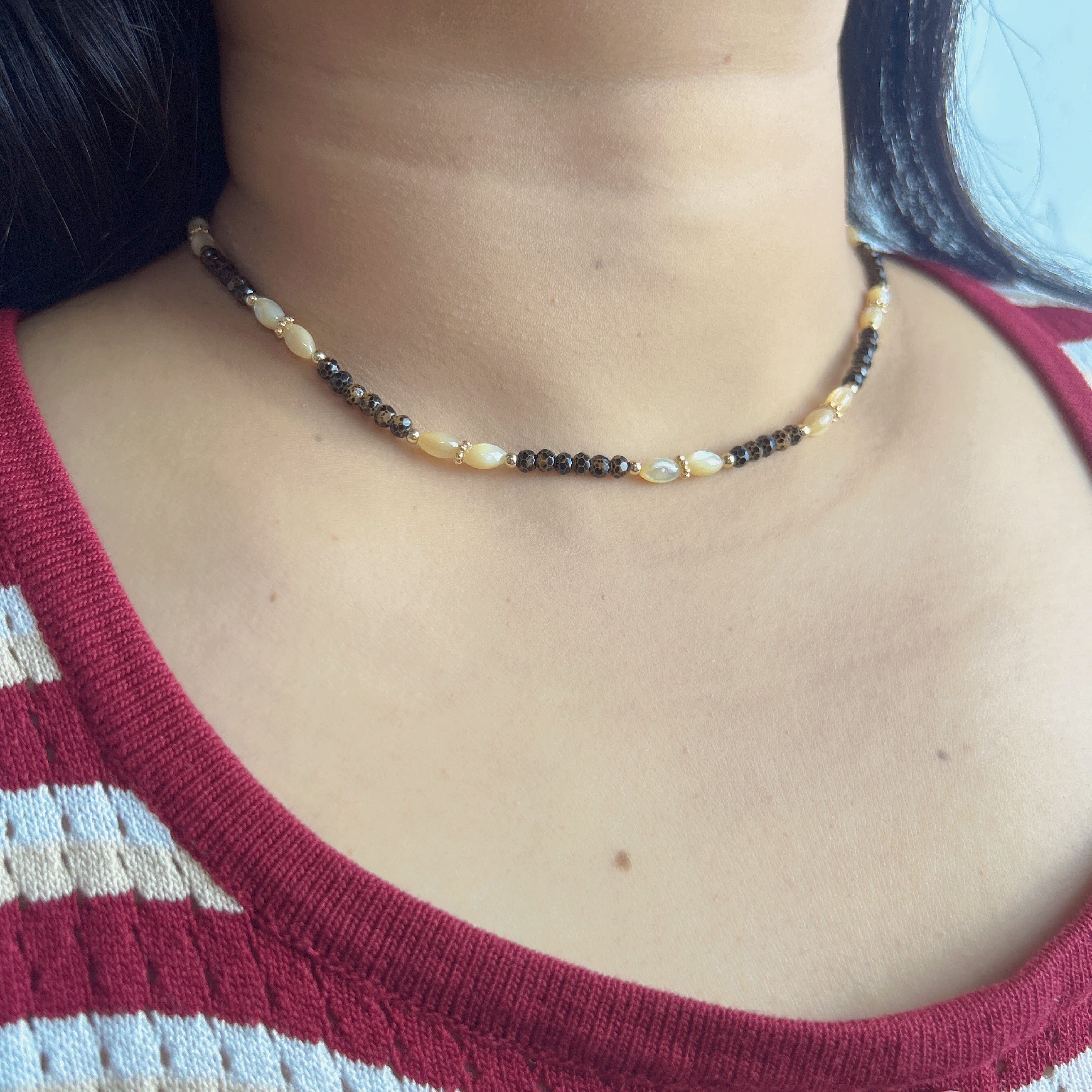 Handmade Smoky Quartz & Cream Shell Pearl Choker Necklace | Gold Spacer Natural Stone Elegant Collar