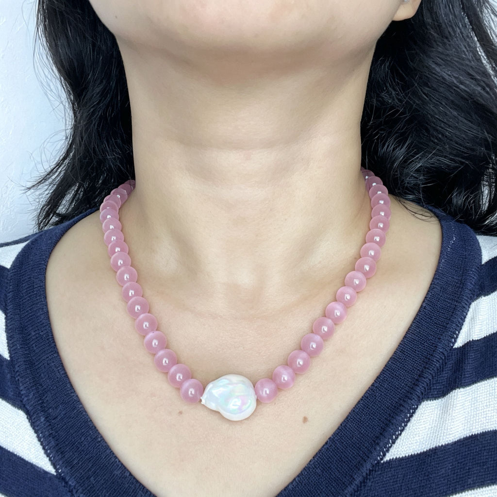 Handmade Pink Cat Eye Stone Bead Choker Necklace | Baroque Pearl Accent