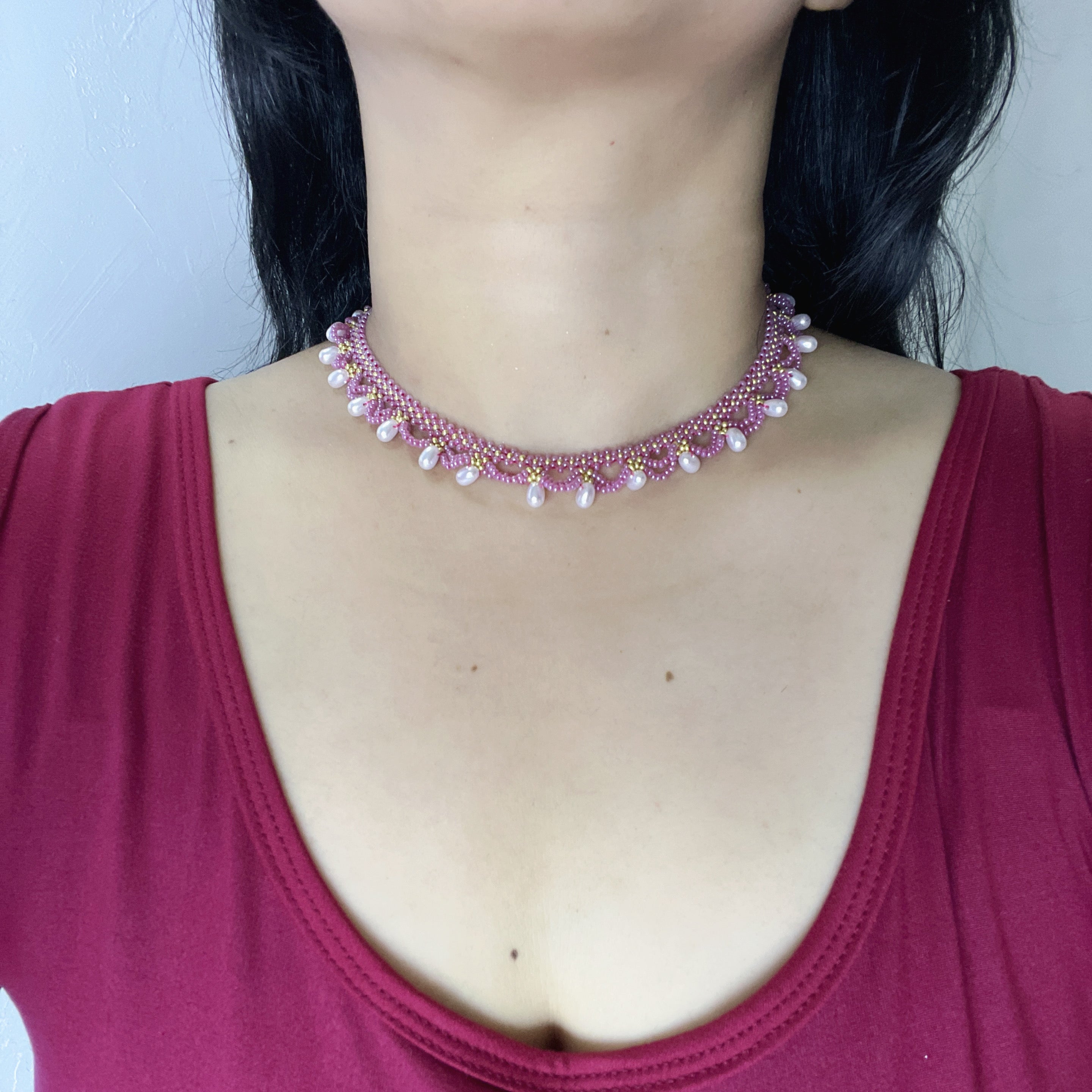 Handmade Rose Pink & Gold Wave Lace Beaded Choker Necklace | Freshwater Pearl Drop Fringe Romantic Collar