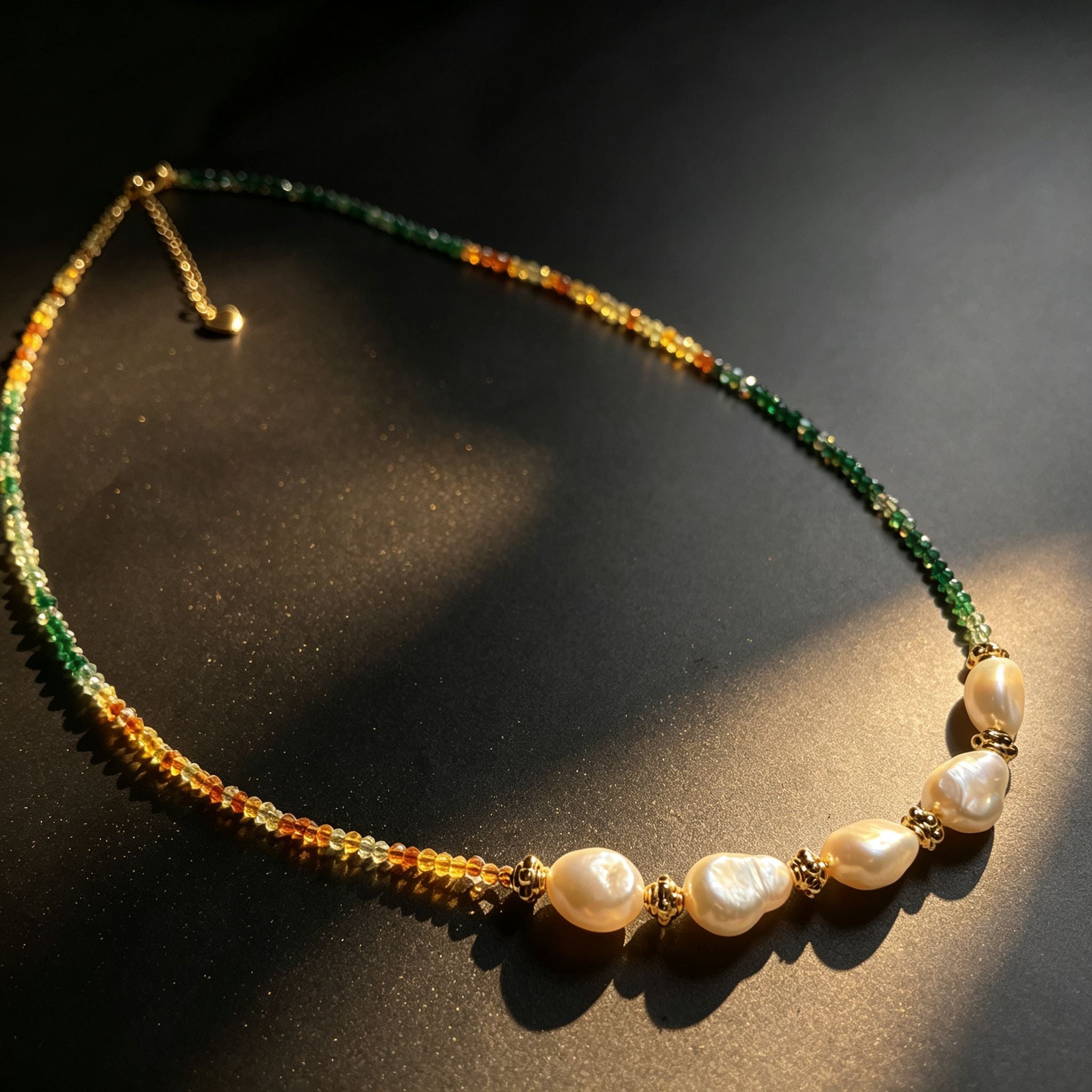Handmade Green Orange Gradient Crystal Bead Necklace | Baroque Freshwater Pearl Gold Flower Spacer Luxe