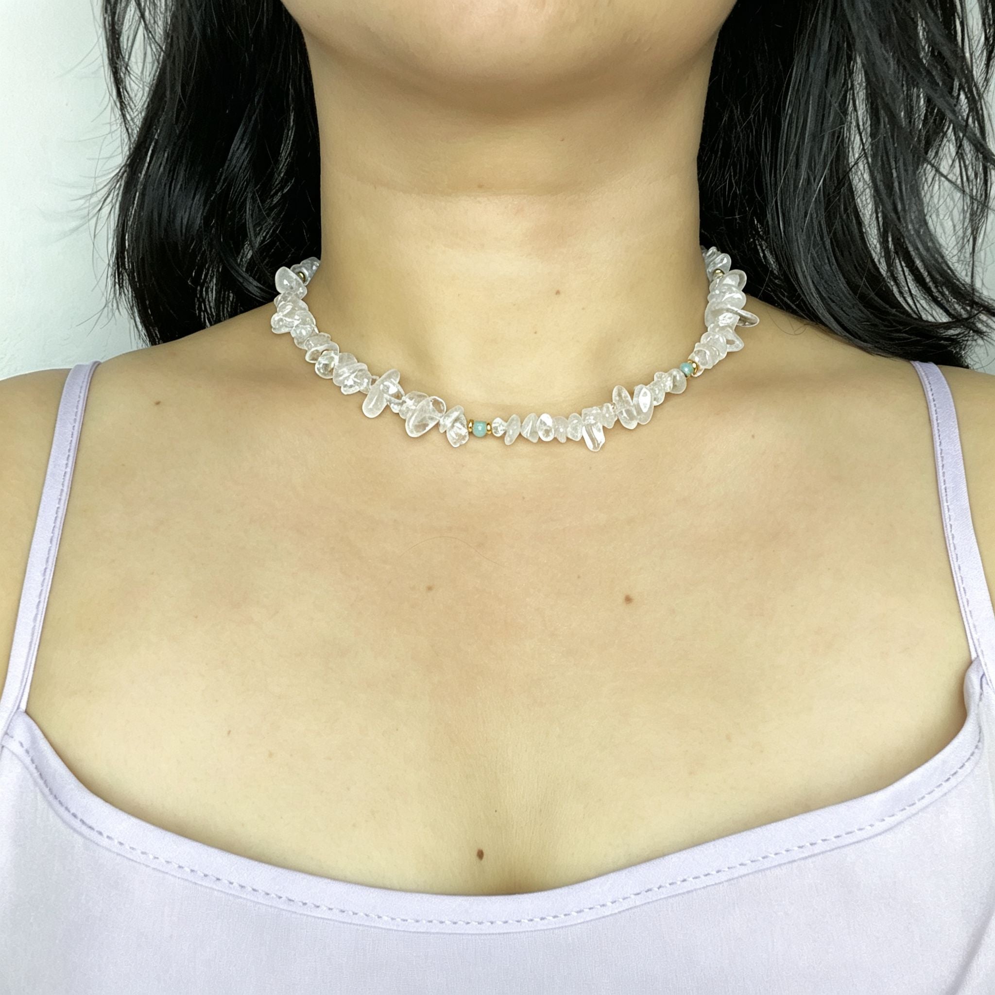Handmade Clear Quartz Crystal Chip Stone Choker Necklace | Raw Natural Stone Light Blue Gold Accent