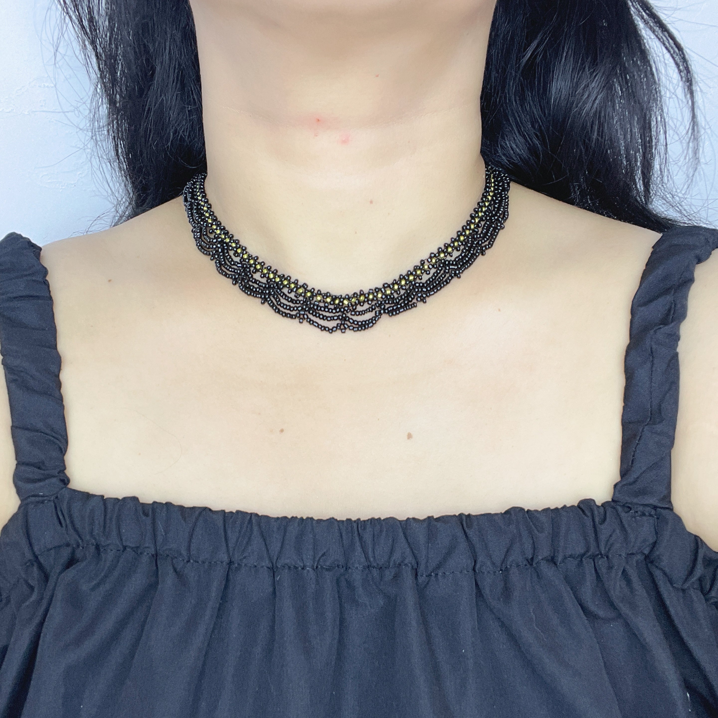Handmade Black & Olive Green Multi-Strand Drape Wave Beaded Choker Necklace | Gothic Vintage Luxe Statement Collar