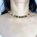 Handmade Tiger Eye & Pink Freshwater Pearl Choker Necklace | Natural Stone Gold Spacer