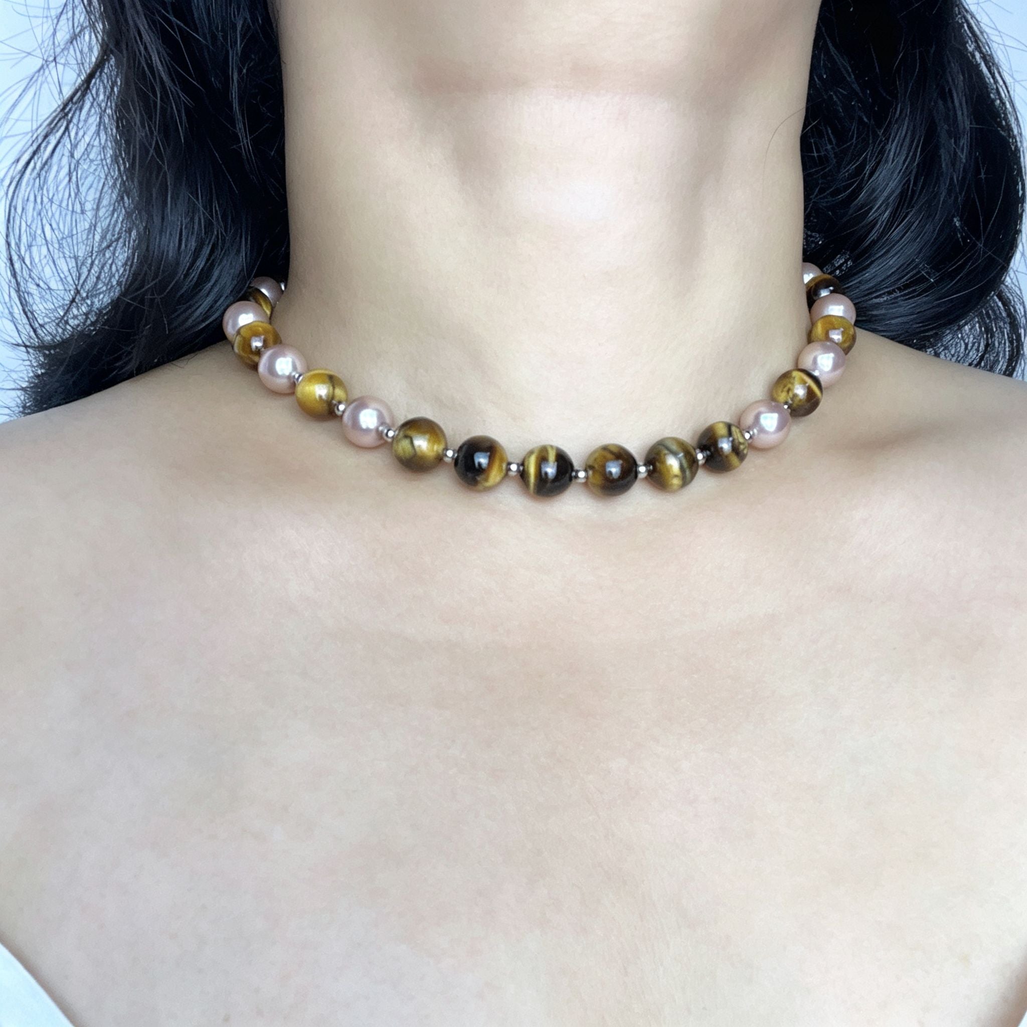 Handmade Tiger Eye & Pink Freshwater Pearl Choker Necklace | Natural Stone Gold Spacer
