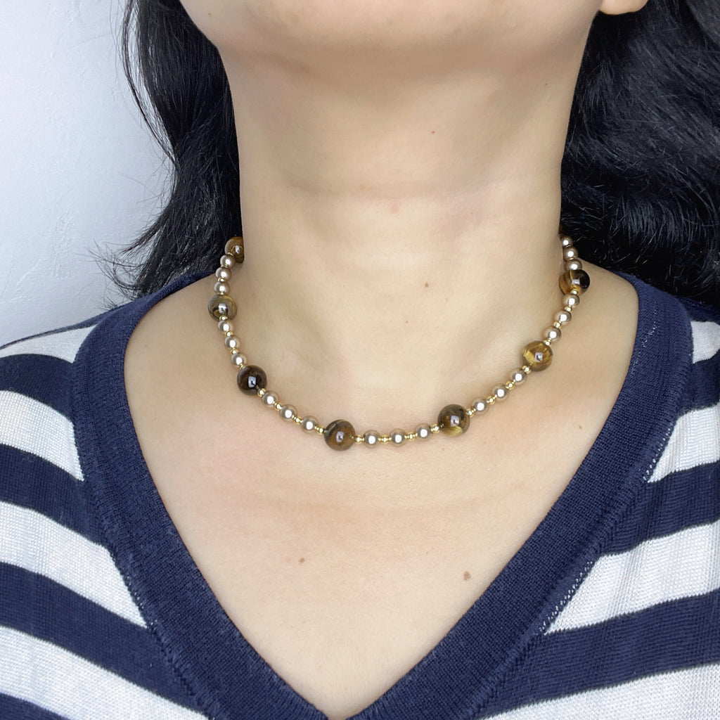 Handmade Tiger Eye & Gold Bead Choker Necklace | Natural Stone Alternating Design