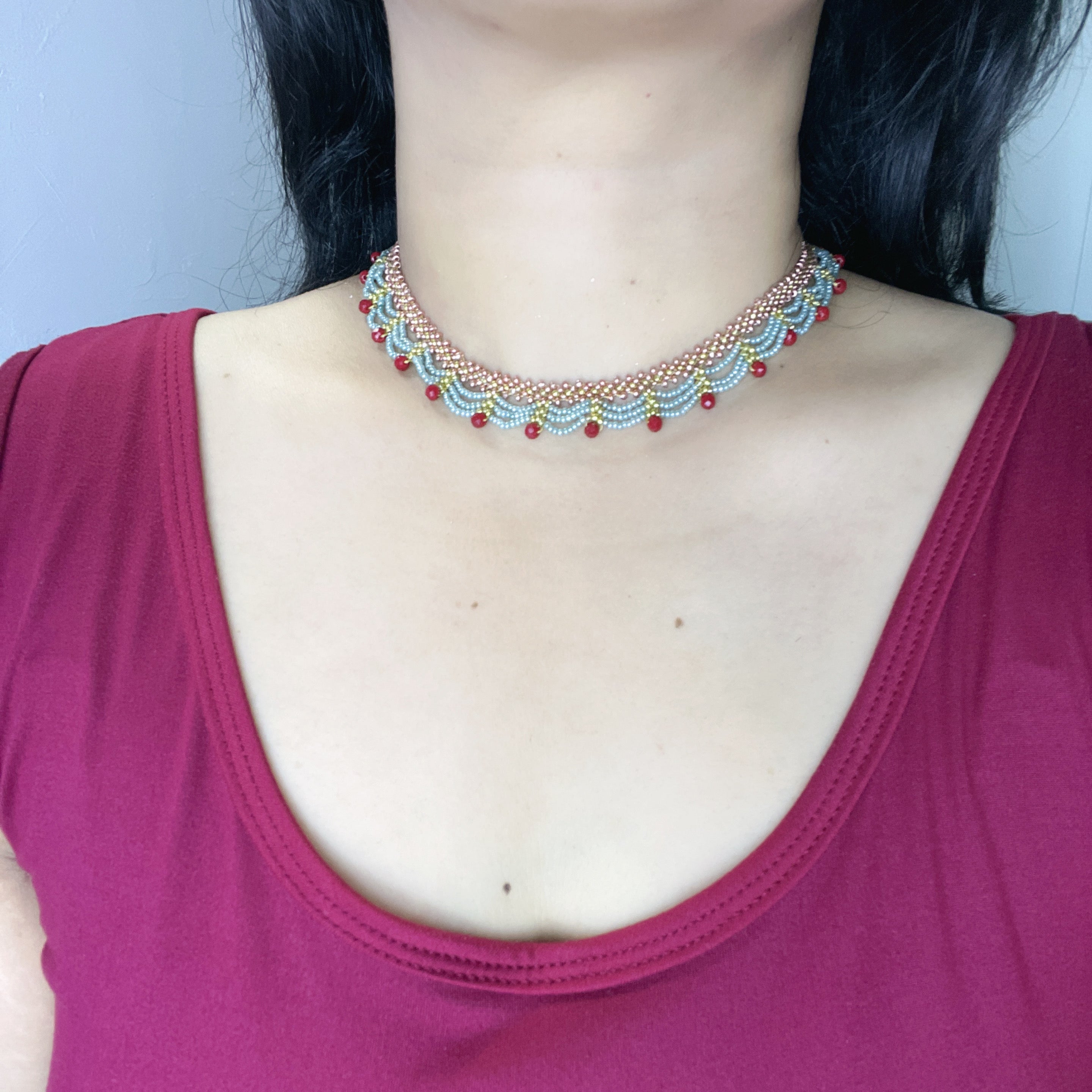 Handmade Rose Gold & Sky Blue Scallop Beaded Choker Necklace | Red Bead Drop Boho Wide Collar