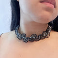 Handmade Black & Silver 3D Fan Flower Garland Choker Necklace | Pearl Center Gothic Luxe Statement Collar