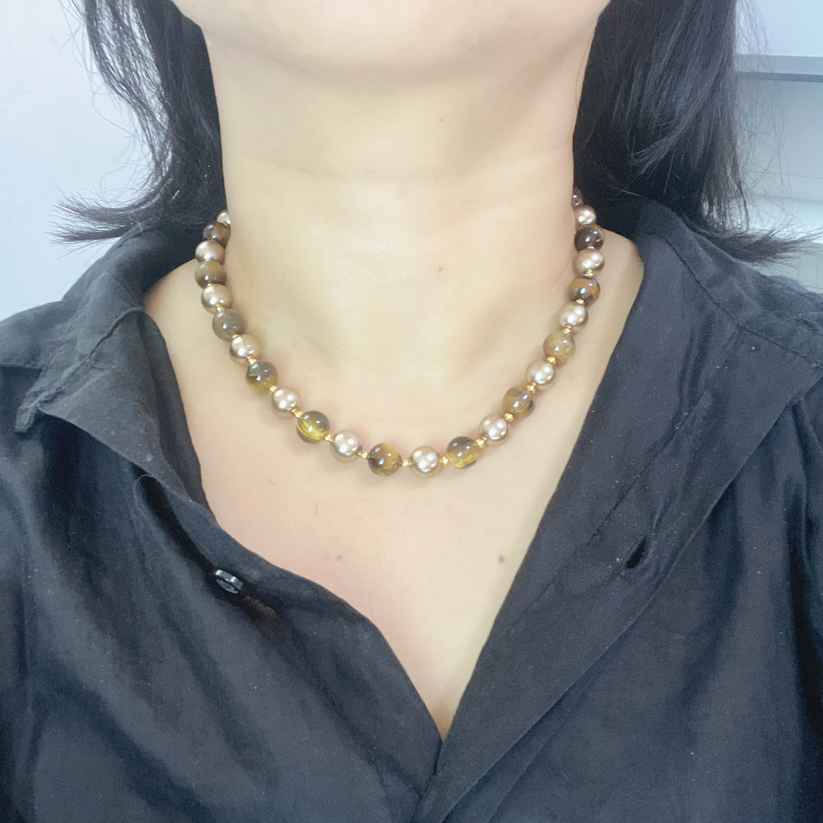 Handmade Tiger Eye Stone & Freshwater Pearl Choker Necklace | Gold Spacer Natural Gemstone Luxe Collar