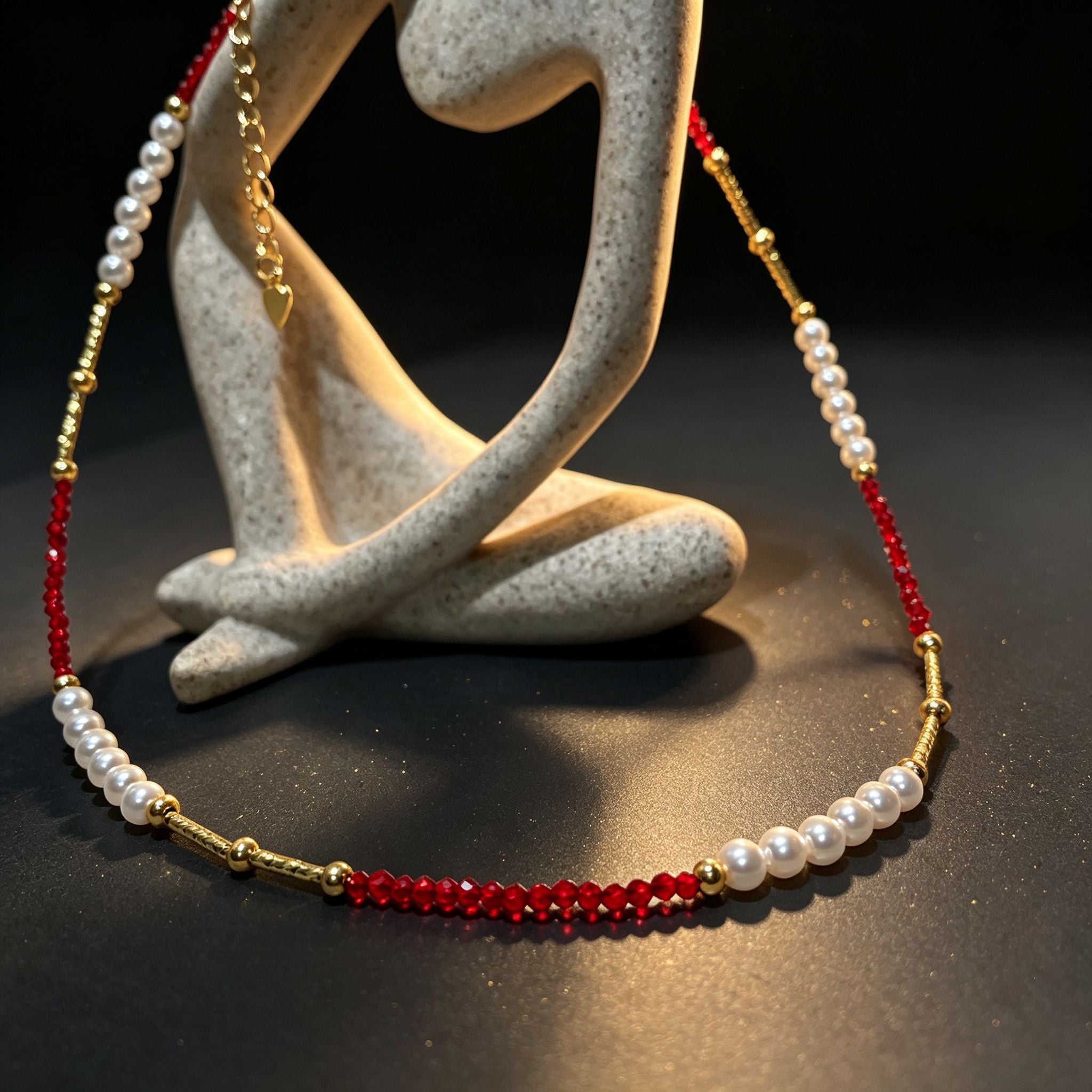 Handmade Red Crystal & Pearl Choker Necklace | Gold Tube Spacer Heart Charm Extender