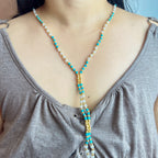 Handmade Turquoise Pearl & Gold Beaded Y-Lariat Necklace | Adjustable Slider Boho Summer Jewelry
