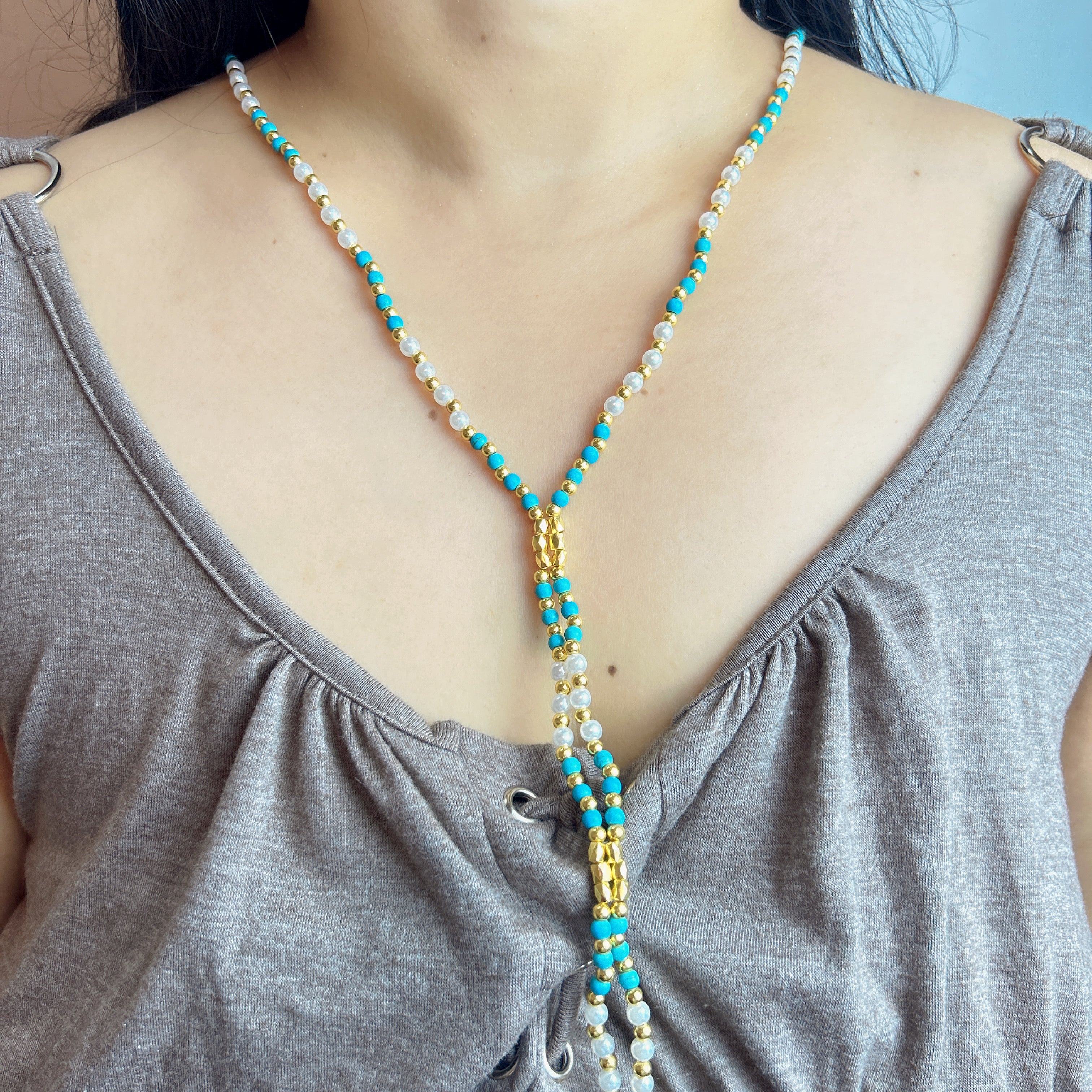 Handmade Turquoise Pearl & Gold Beaded Y-Lariat Necklace | Adjustable Slider Boho Summer Jewelry
