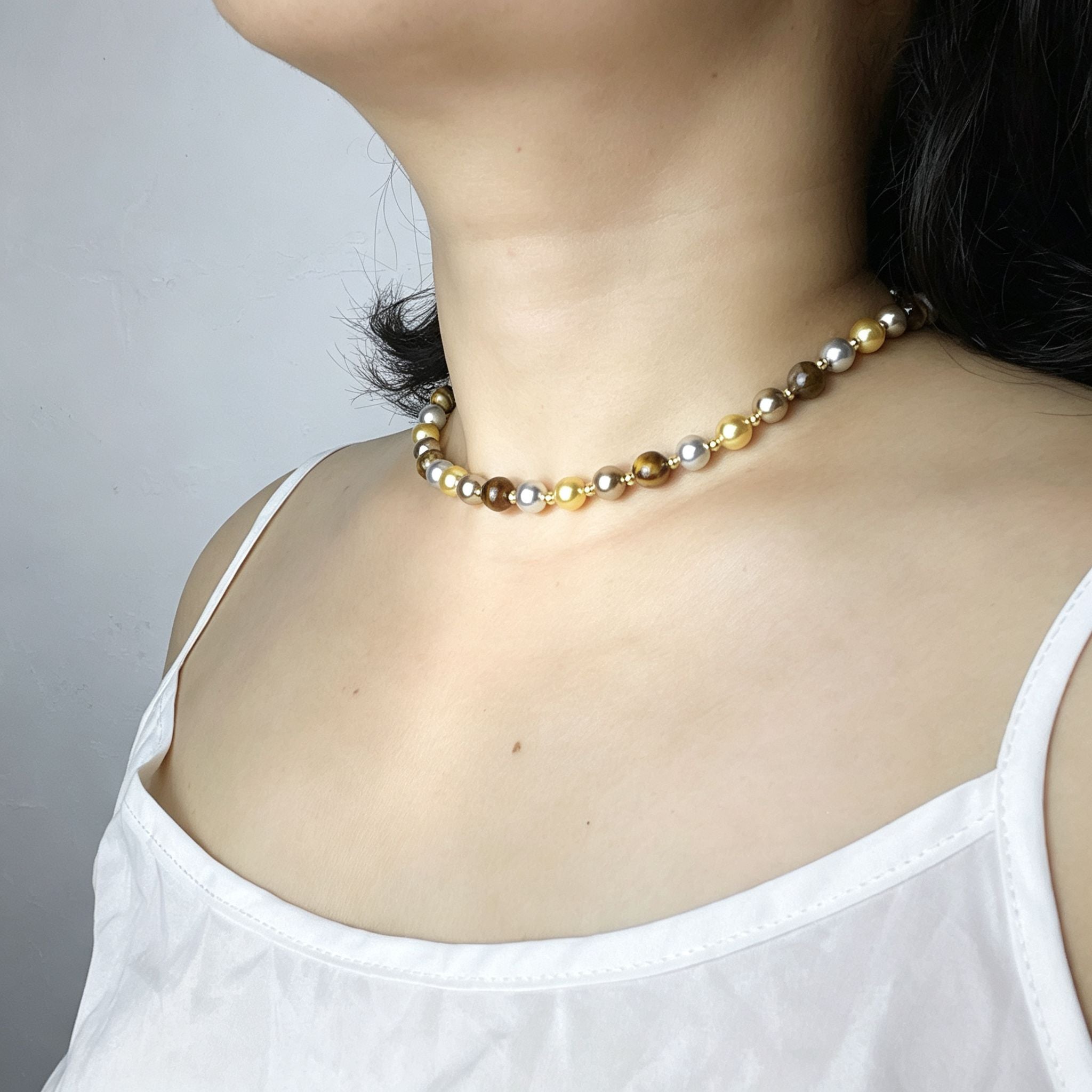 Handmade Gold Silver & Bronze Mixed Metallic Pearl Choker Necklace | Multi-Tone Luxe Beaded Collar