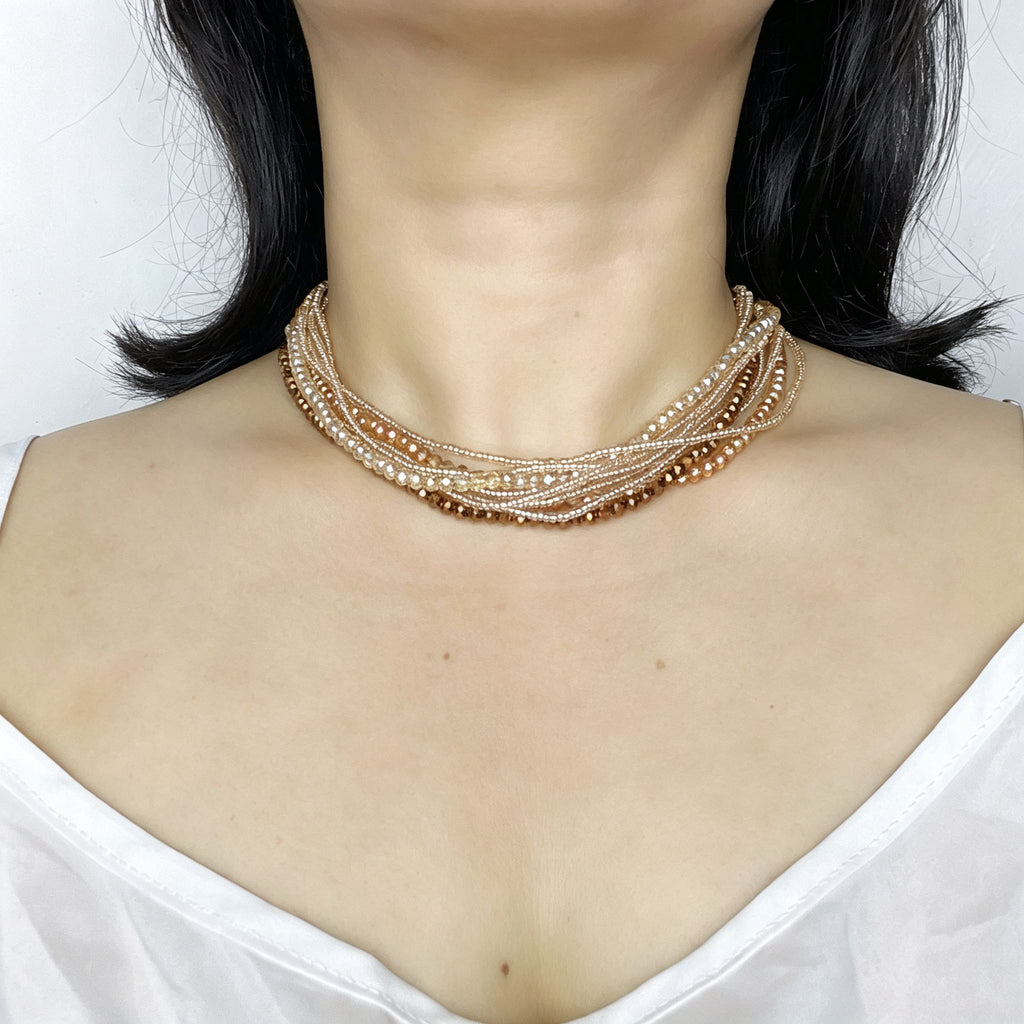 Handmade Multi-Strand Gold Crystal Twisted Choker Necklace | Champagne Layered Statement Collar
