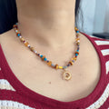 Handmade Colorful Mixed Bead Necklace | Gold Sunburst Pendant Boho Jewelry