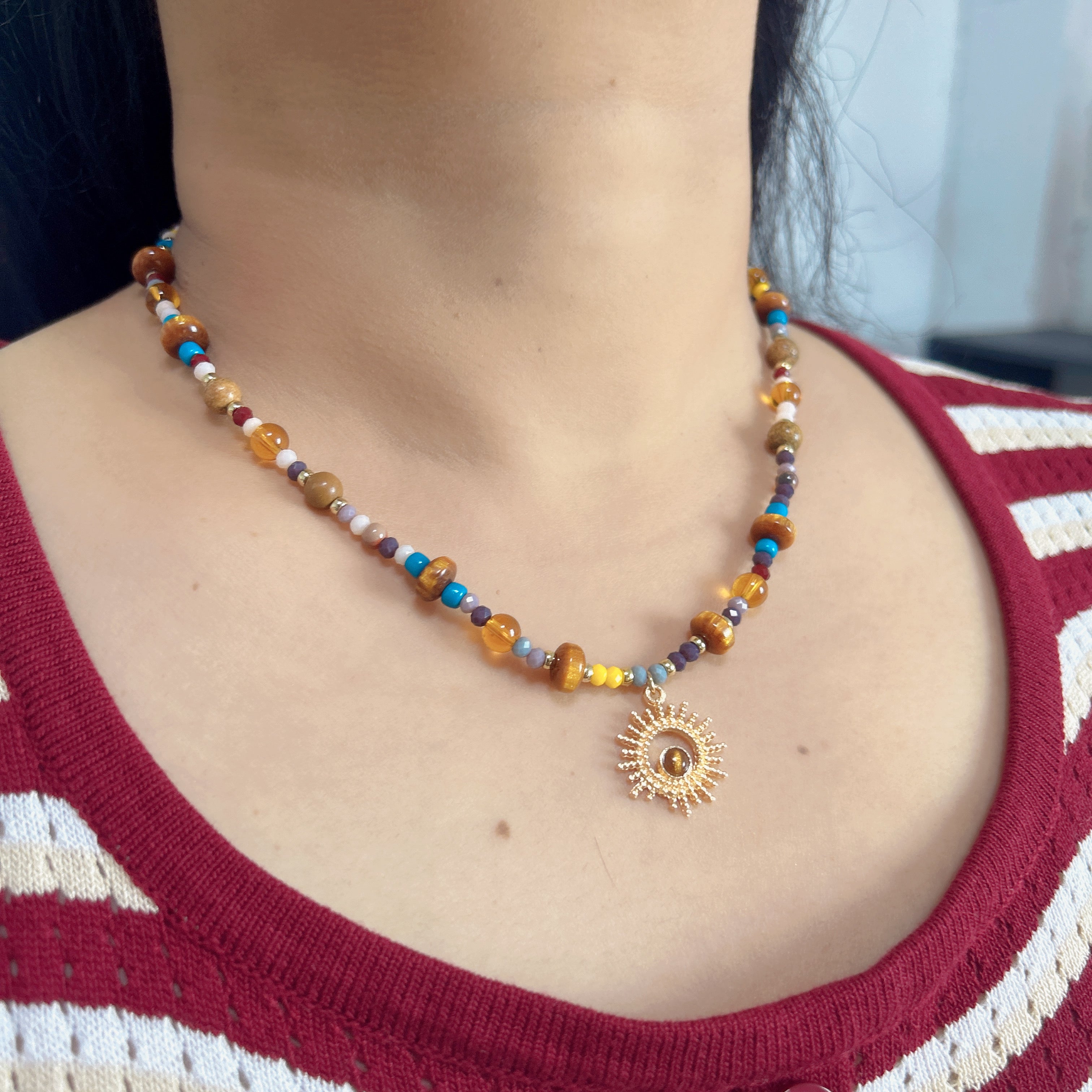 Handmade Colorful Mixed Bead Necklace | Gold Sunburst Pendant Boho Jewelry