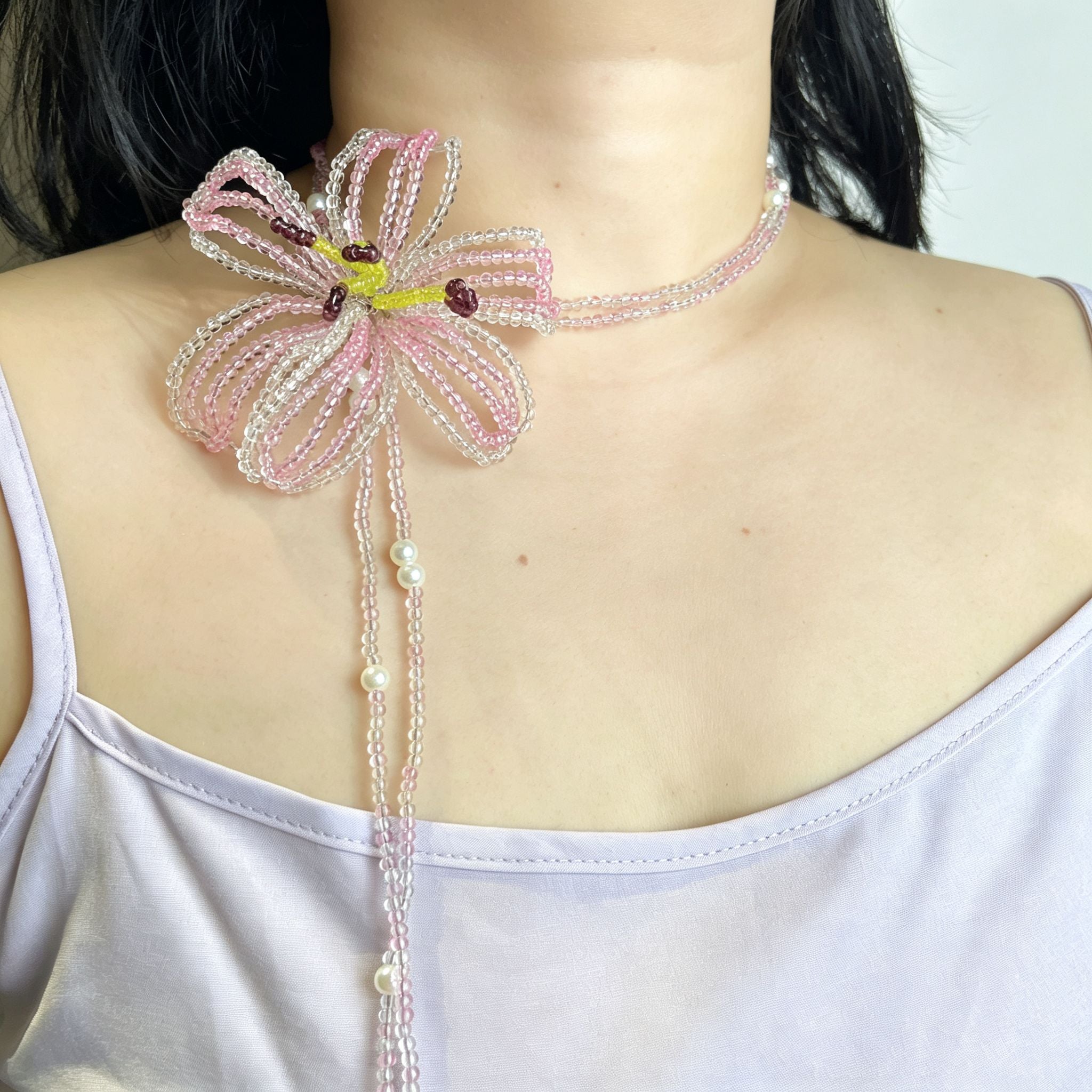 Handmade 3D Pink Flower Beaded Statement Necklace | Fairycore Floral Lariat with Pearl Fringe