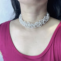 Handmade White & Silver 3D Flower Garland Choker Necklace | Pearl Center Bridal Wedding Statement Collar