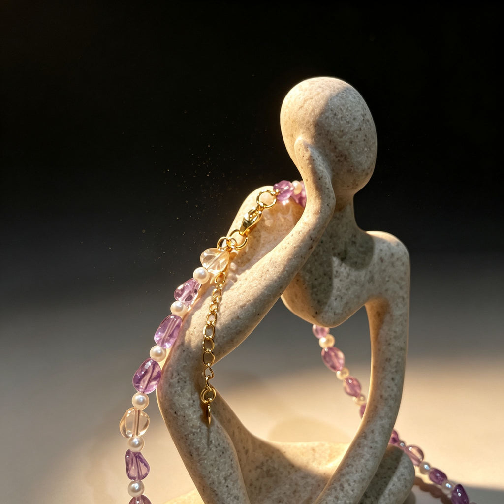 Handmade Amethyst & Citrine Crystal Baroque Pearl Beaded Necklace | Purple Yellow Natural Stone Luxe