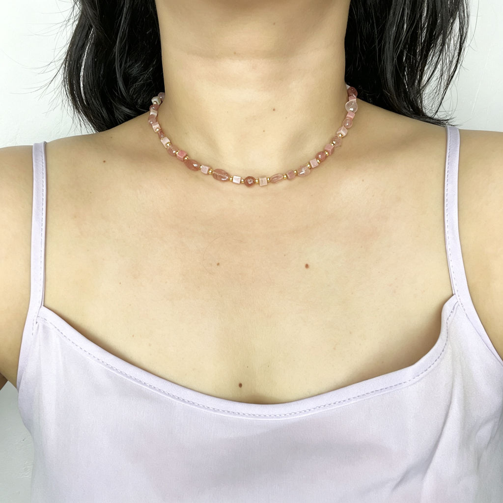 Handmade Strawberry Quartz Mixed Shape Bead Choker Necklace | Pink Natural Stone Gold Spacer